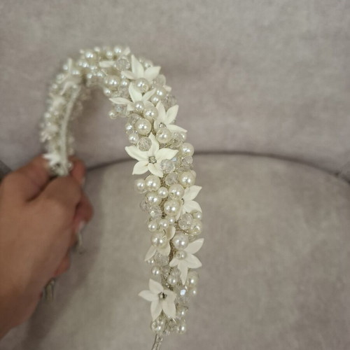 Bridal headband with Swarovski stones, pearls and porcelain flowers