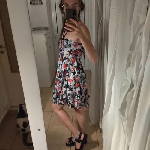 Floral mini dress like new with neck tie, S/M
