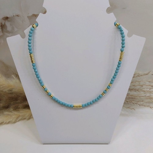 Necklace with semiprecious polygonal agate and hematite stones, steel clasp, new