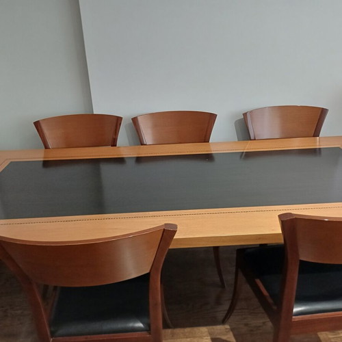 Marquetry dining set with 6 solid wood chairs by Varagki like new, 210×95