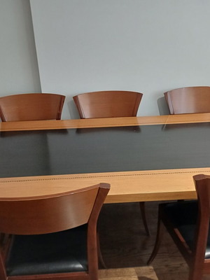 Marquetry dining set with 6 solid wood chairs by Varagki like new, 210×95