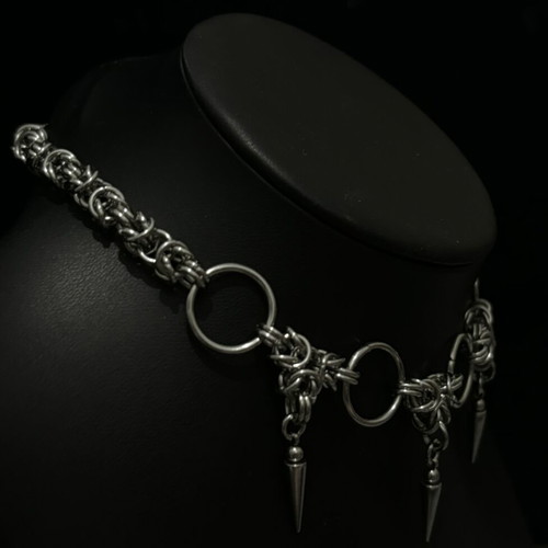 Chainmail choker necklace with spikes handmade, new, silver stainless steel