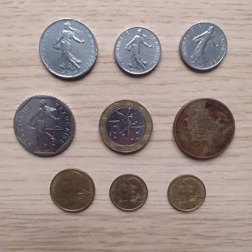French francs used, 9 coins 1966-88 in very good condition