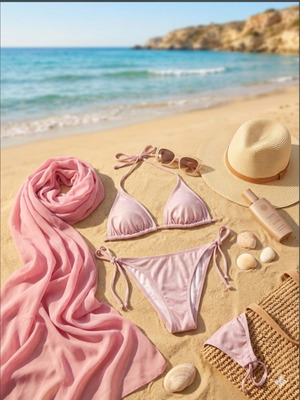 Swimsuit with shimmering cords and transparent pink pareo like new by Marks & Spencer