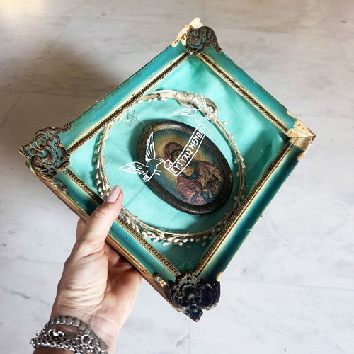 Antique Russian Orthodox Virgin Mary icon in handmade wedding frame, 1890s