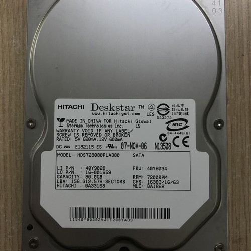 Hitachi HDD 80GB SATA HDS728080PLA380 used