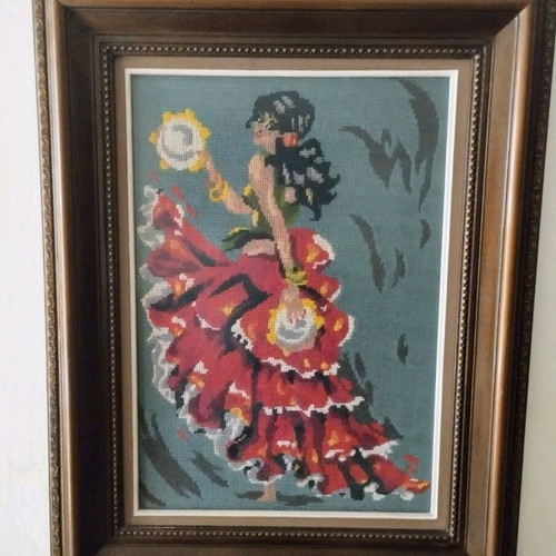 Vintage Handmade Embroidery "Spanish" – Canvas with Wooden Frame