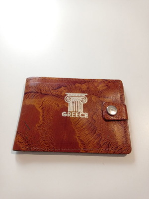 Leather wallet tan with gold Greece print used