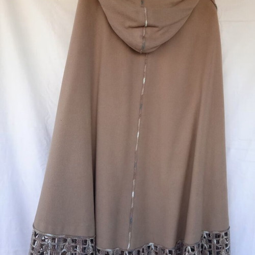 Cape with hood and handmade knitted trim like new, beige