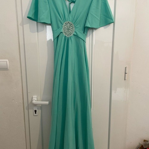 Wendy vintage 70s crimpolene maxi dress used, mint green with beige crochet