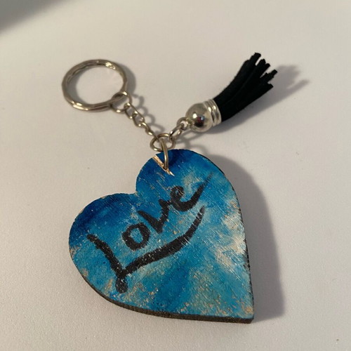 Hand-painted wooden heart keychain with leather tassel new
