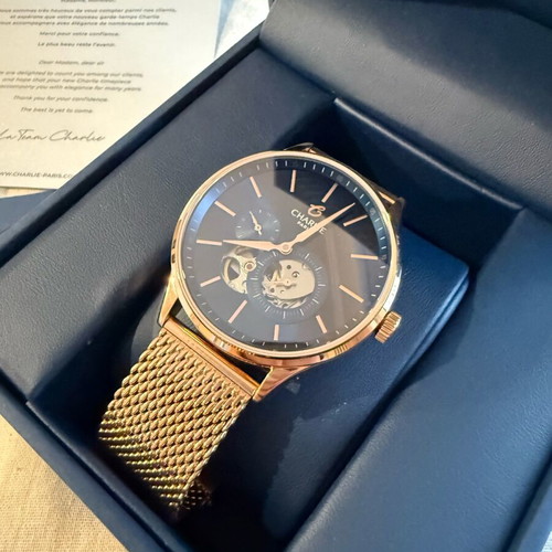 Charlie Initial Open Heart watch rose gold and blue, new