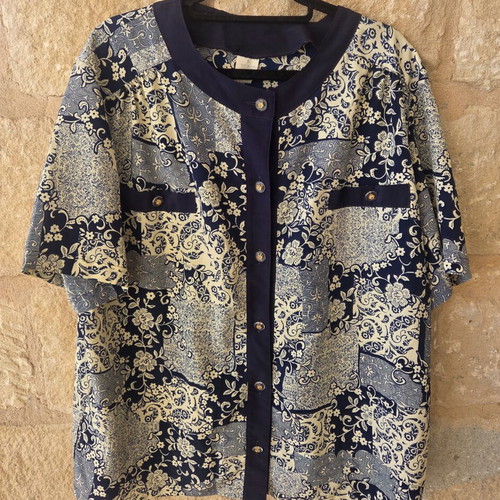 Vintage Patchwork Floral Short Sleeve Blouse used, size L