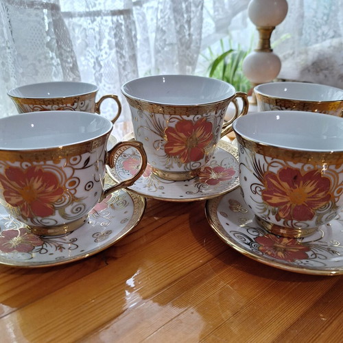 Coffee cup and saucer set restored, 6 pieces with gilding in box