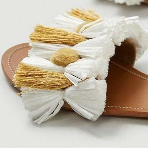 Mango boho tassel raffia flat sandals size 38 like new