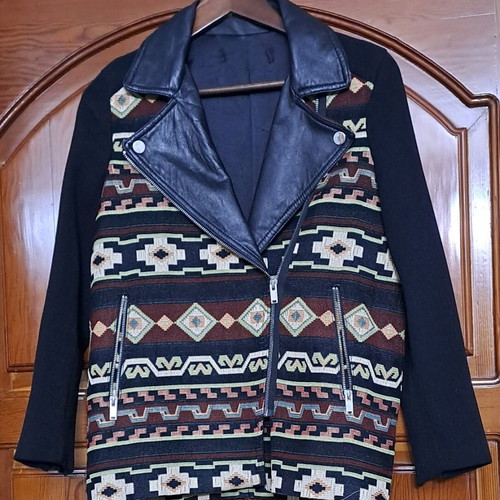 Zara biker jacket used with geometric print and faux leather collar brown