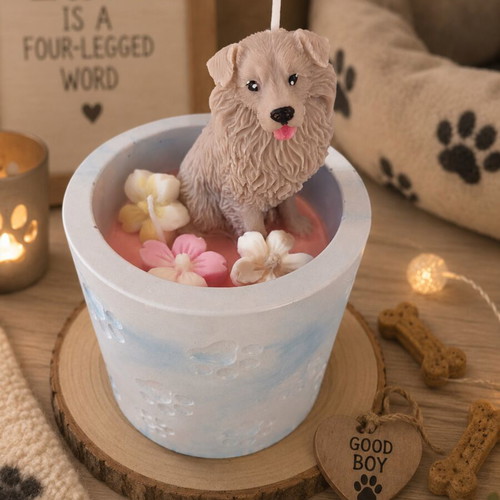 Handmade scented dog candle with reusable porcelain powder container