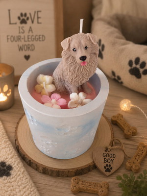 Handmade scented dog candle with reusable porcelain powder container