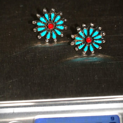 Earrings genuine turquoise and coral 925 sterling silver Navajo Indian new