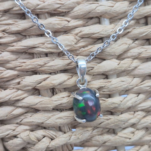 Black Fire Opal Australian Sterling Silver Necklace new