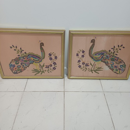 Asymmetrical embroidered paintings with peacocks used, set of two