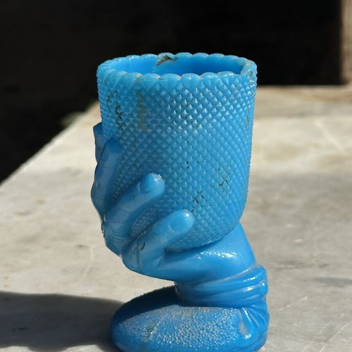 Vintage Blue Opaline Hand-Shaped Glass Used Decoration