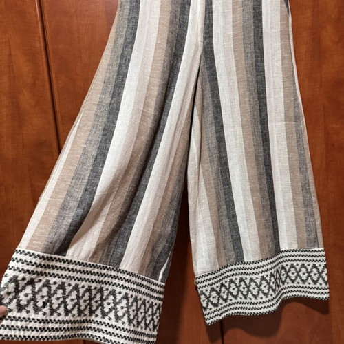 Moutaki wide-leg pants size S used, boho chic linen with stripes and embroidery