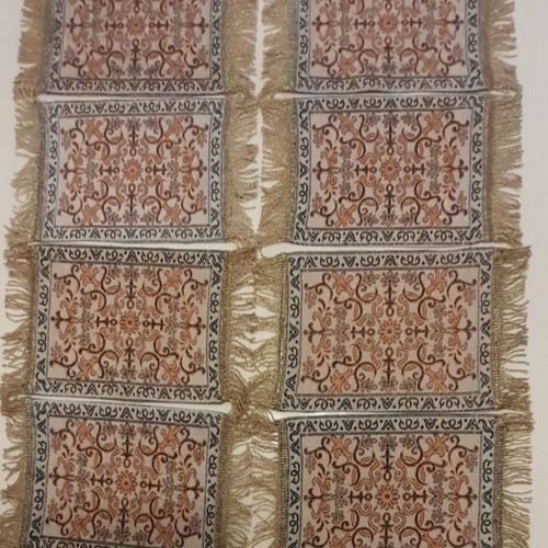 Handmade table runners used, pack of 8, earth tones and orange with gold fringe