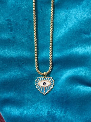Gold necklace with blue eye heart pendant, new