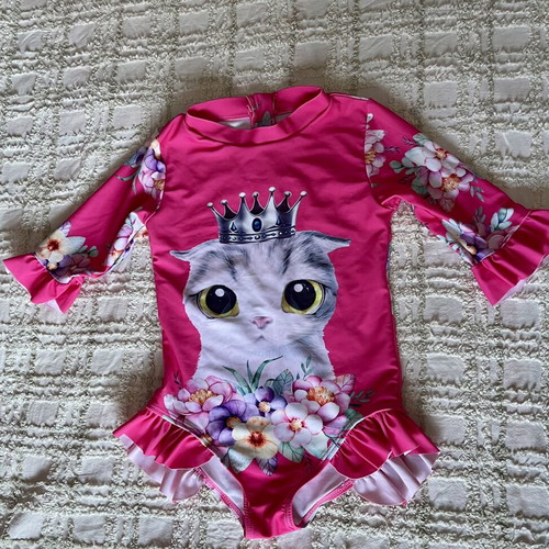 Girls' one-piece swimsuit with sleeve, like new, pink, age 6-7