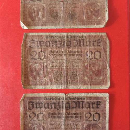 German 20 Mark banknotes used, set of 3 from 1918 Berlin