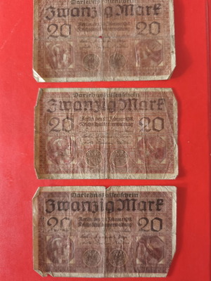 German 20 Mark banknotes used, set of 3 from 1918 Berlin