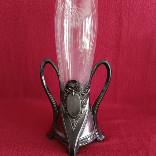 Art Nouveau vase used metal and glass with engraving