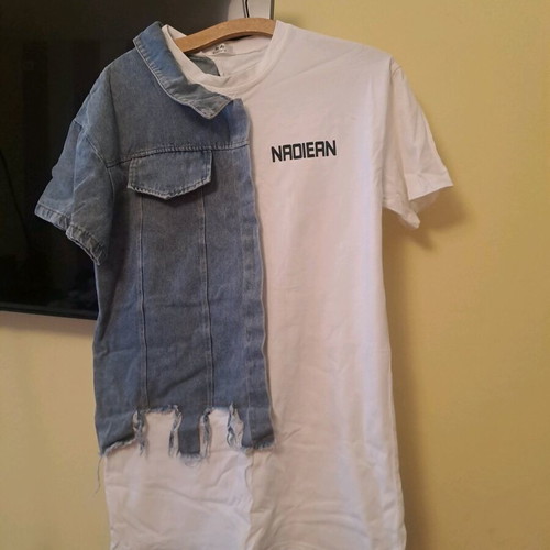 Women's dress blouse one size like new, half denim, white