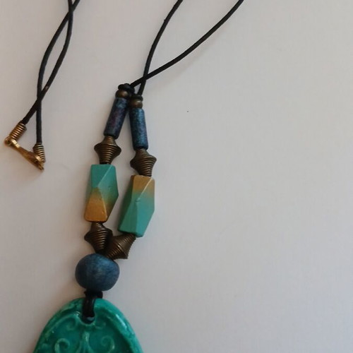 Handmade Boho Necklace with Embossed Ceramic Pendant, turquoise, 44 cm