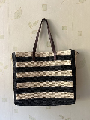 Shoulder bag A To Z Greek new, beige and black stripes with leather handles