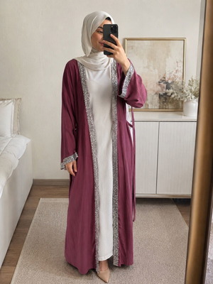 Dusk Pink Abaya Kimono with White Inner Dress and Belt new