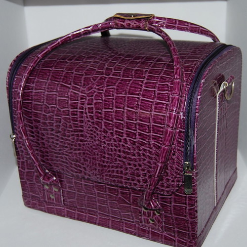 Professional leather makeup bag used, purple crocodile pattern