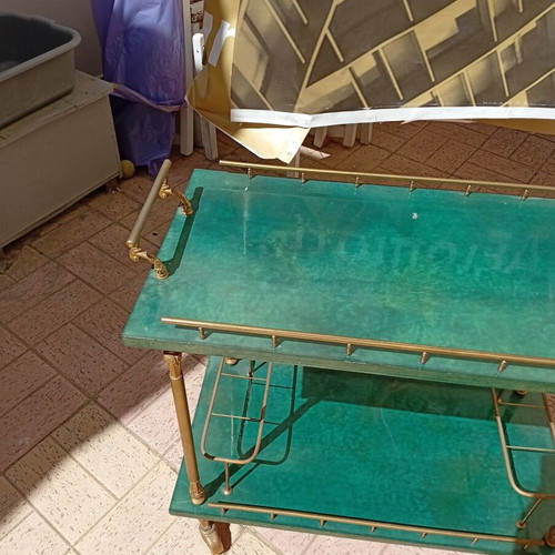 Vintage bar cart with brass details, green