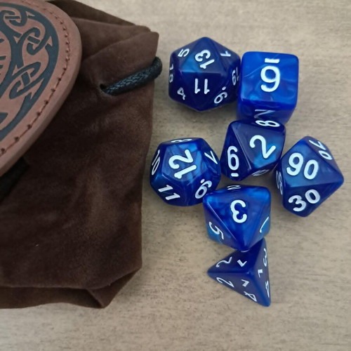 Runic brown leather dice bag with blue marbled D&D dice set