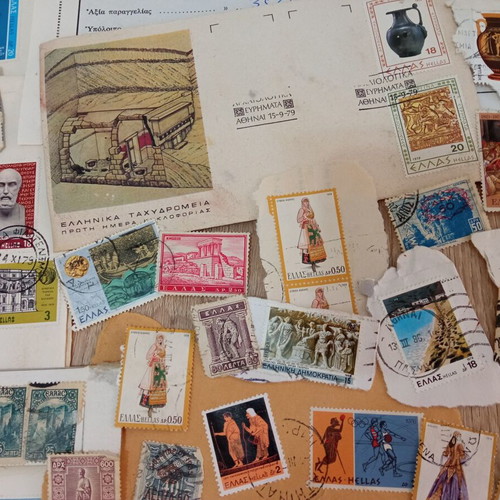 Vintage Greek Stamp Collection with Covers and Philatelist Receipts used