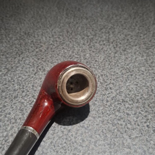 Bent Tobacco Pipe with Red Briar Finish and Metal Rim