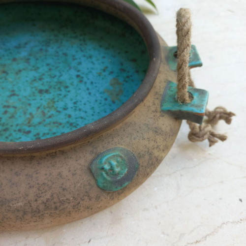 Ceramic platter with rope handles, turquoise interior, like new