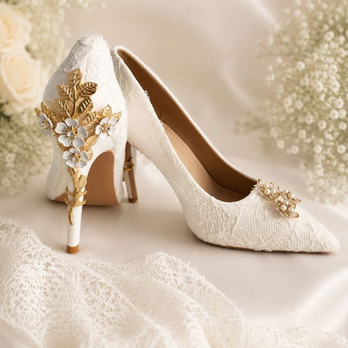 Handmade bridal shoes with romantic lace and golden details size 38