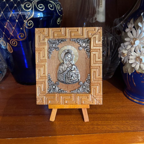 Vintage small wooden icon with silver details like new