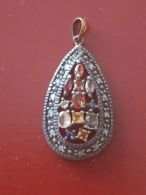 Pendant with semiprecious stones and diamonds, 925 silver and 9k gold ring
