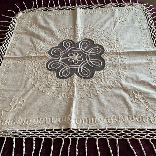 Large woven tablecloth like new with handmade fringes, beige