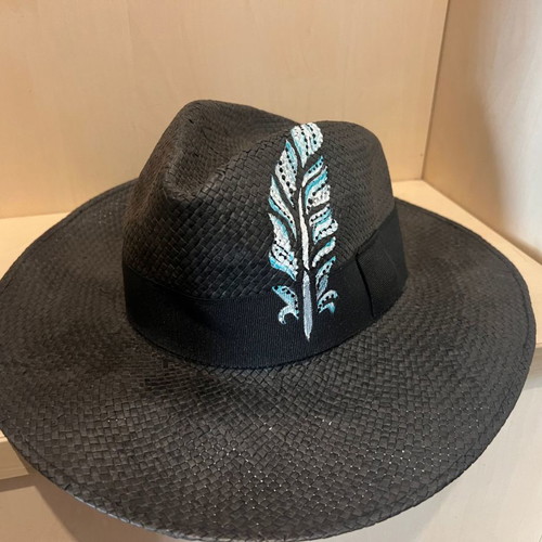 Men's black straw hat with handmade painted design like new