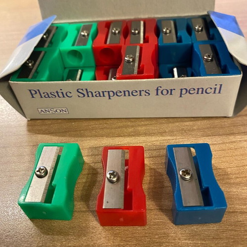 Box of 24 plastic sharpeners green, red, blue new