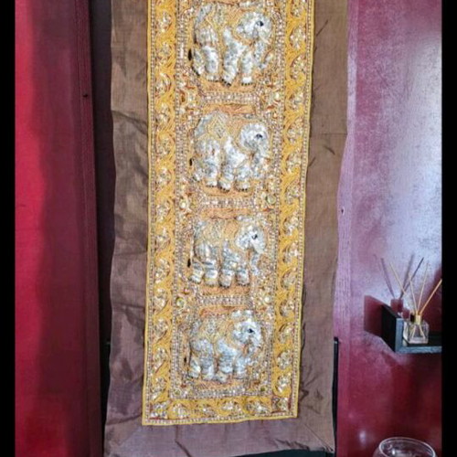 Burmese cloth with gold-embroidered elephants like new 1.50 by 50